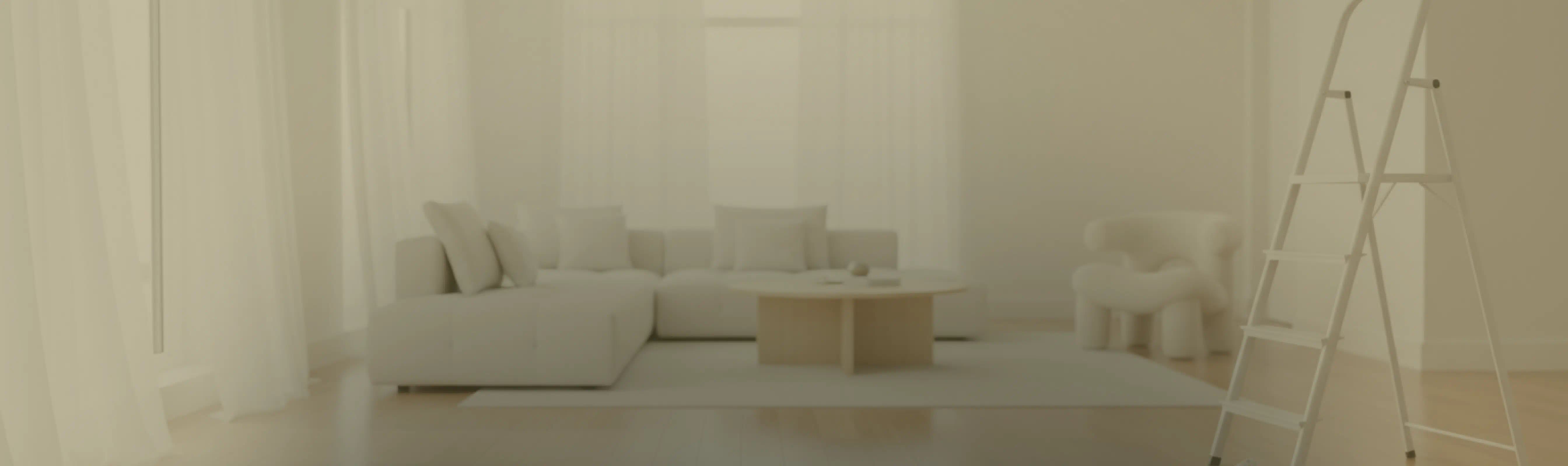 Bright living room with a ladder ready for painting