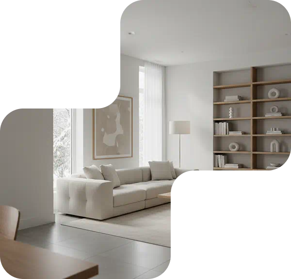 Cozy, light-filled living room rendered in a puzzle shape