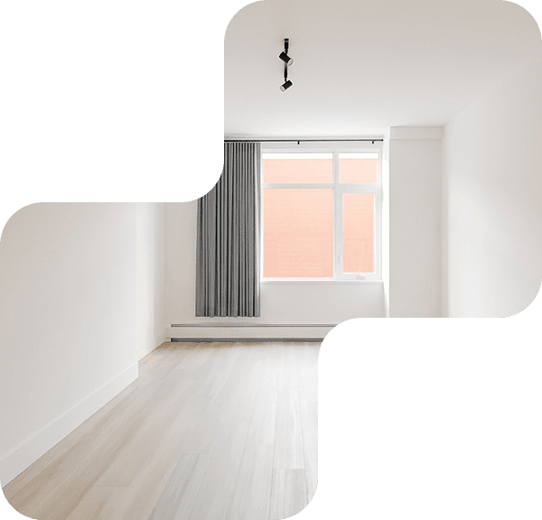 Cozy, light-filled living room rendered in a puzzle shape