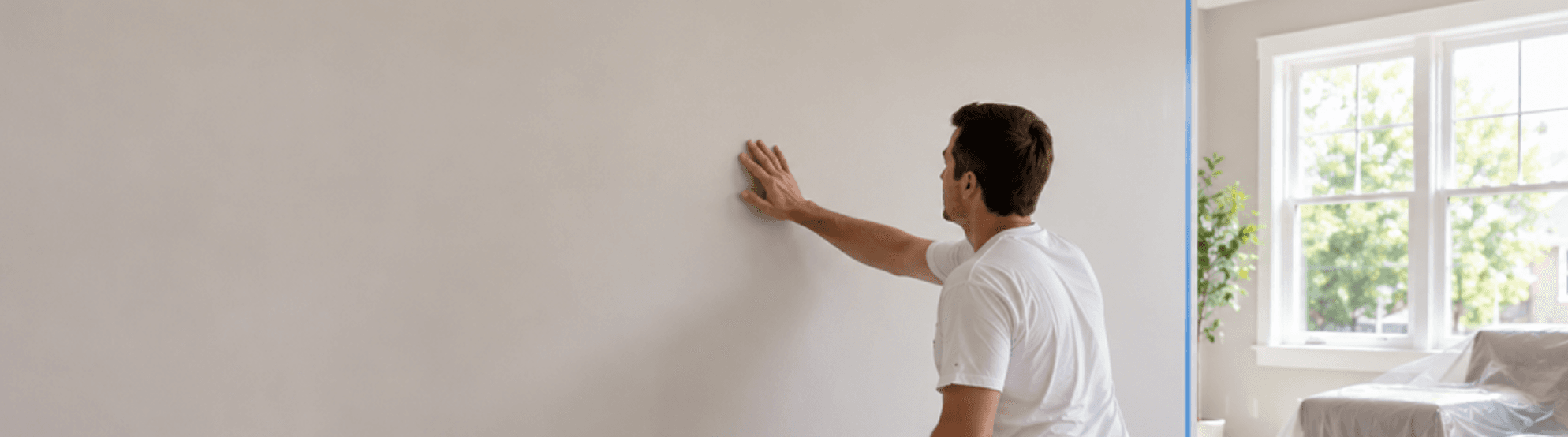 A tradesperson inspecting a smooth drywall repair on an interior wall.
