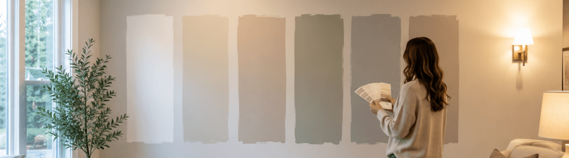 A homeowner reviewing paint color samples on an interior wall.