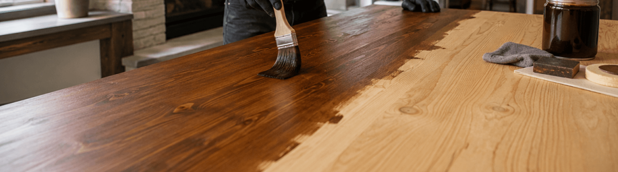 A contractor applying wood stain to a large wood surface.