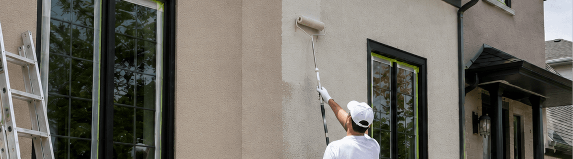 A painter rolling fresh paint onto an exterior stucco wall.