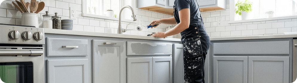 A homeowner painting cabinet doors in a kitchen.