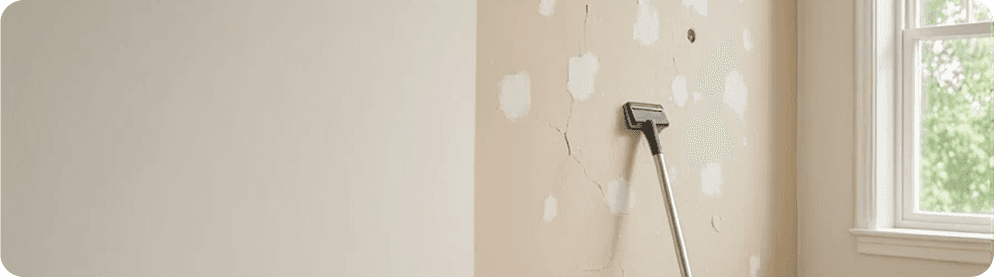 A tradesperson inspecting a smooth drywall repair on an interior wall.
