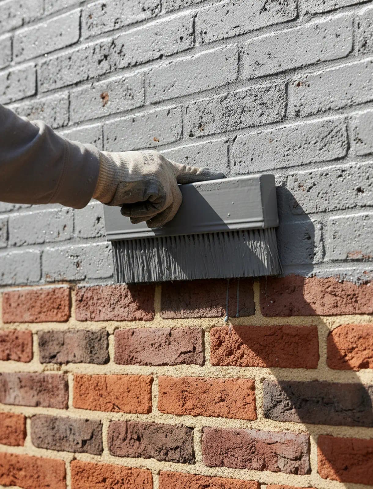 Residential brick exterior being painted and stained