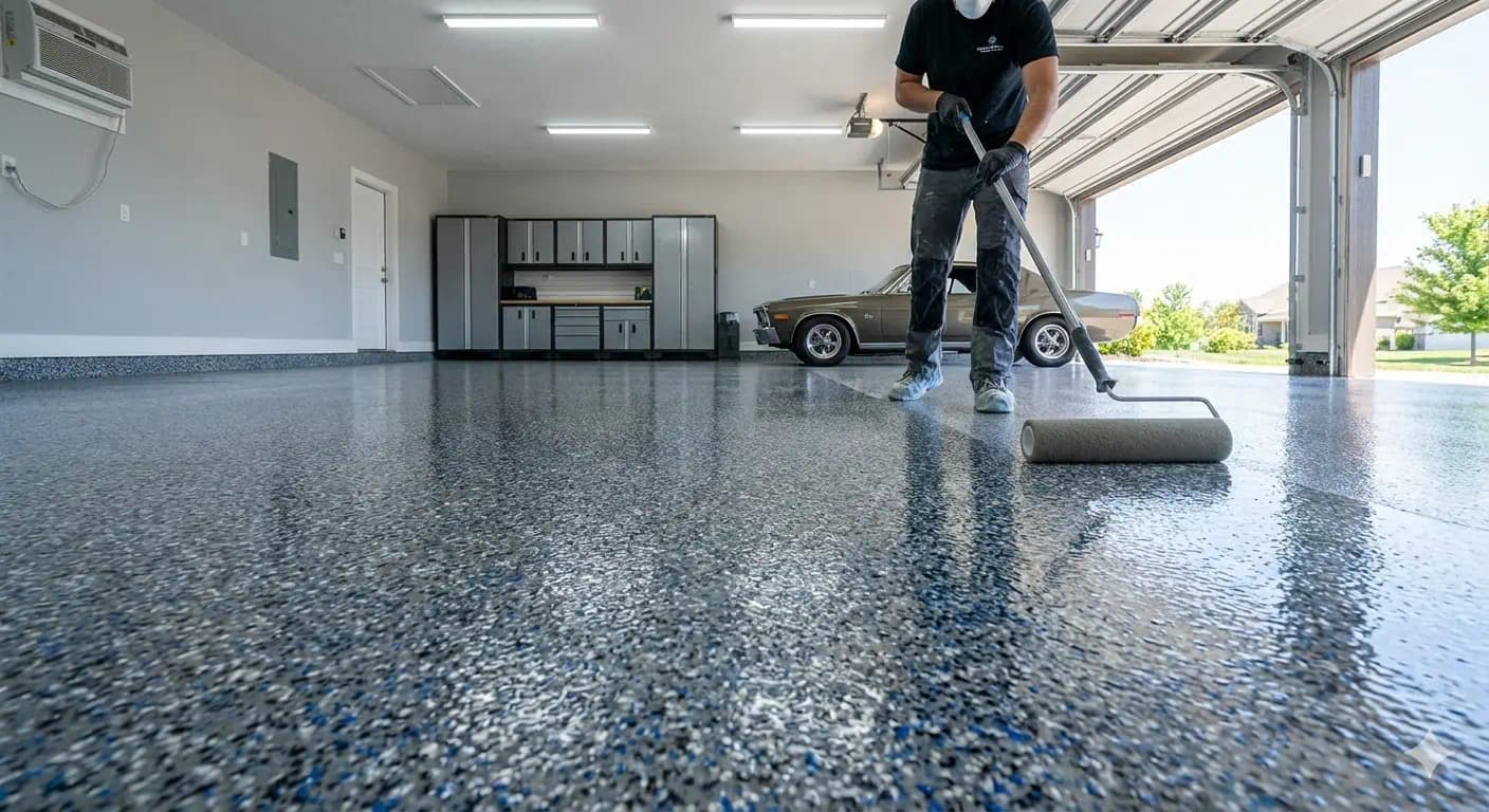 Garage floor finished with a durable protective coating