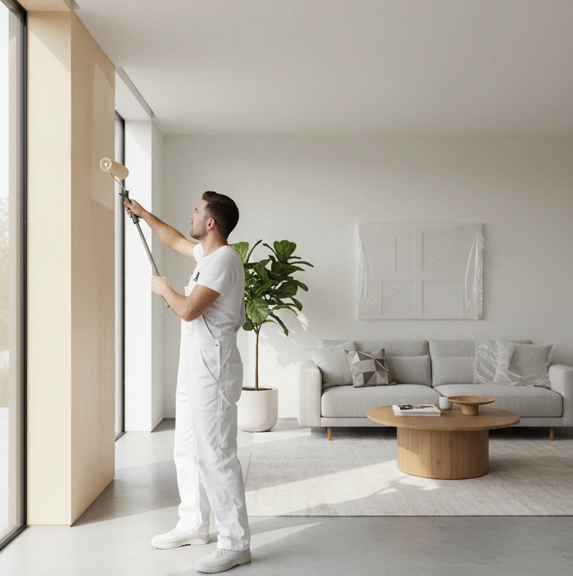Painter applying a smooth interior finish on a wall