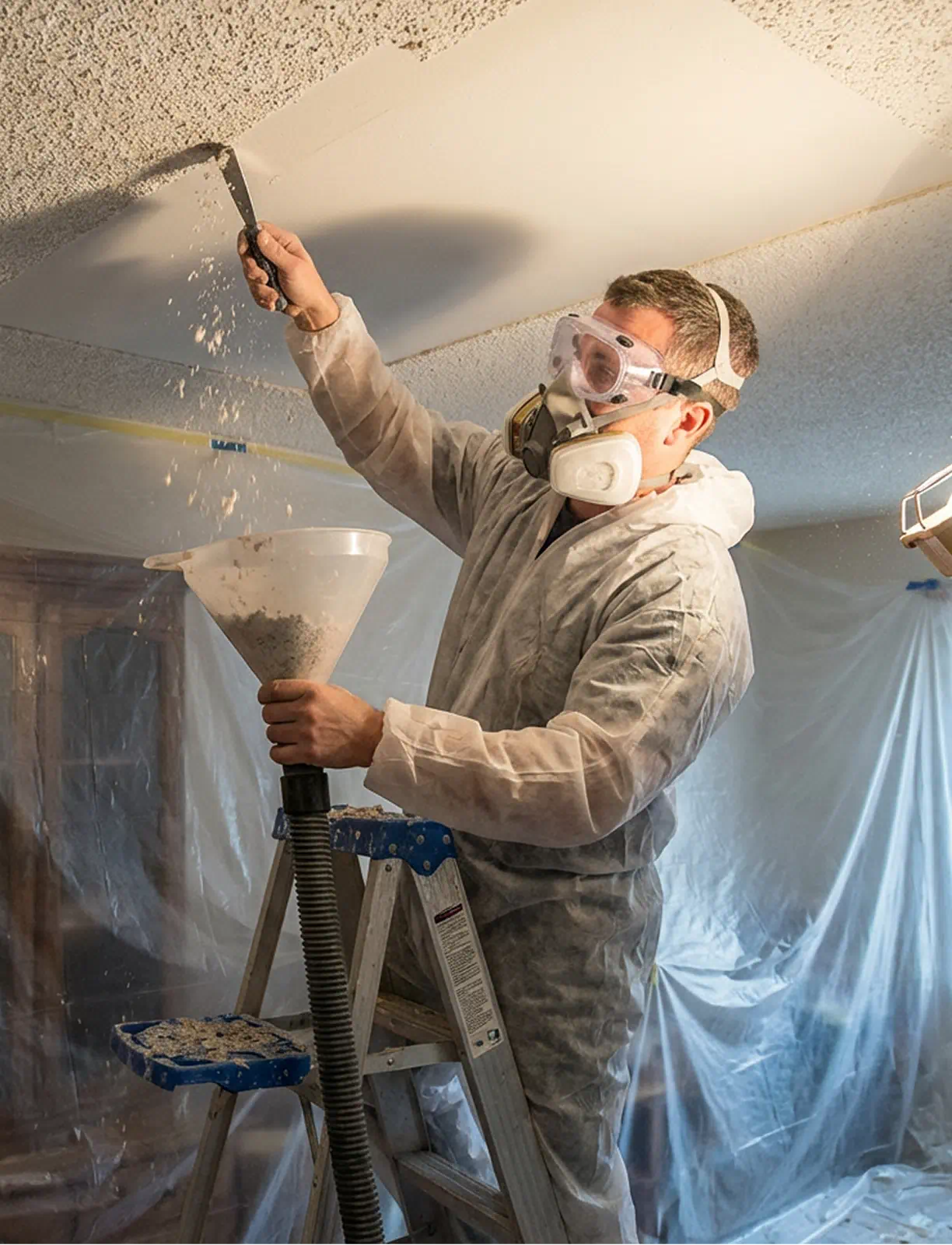 Textured ceiling being smoothed and refinished